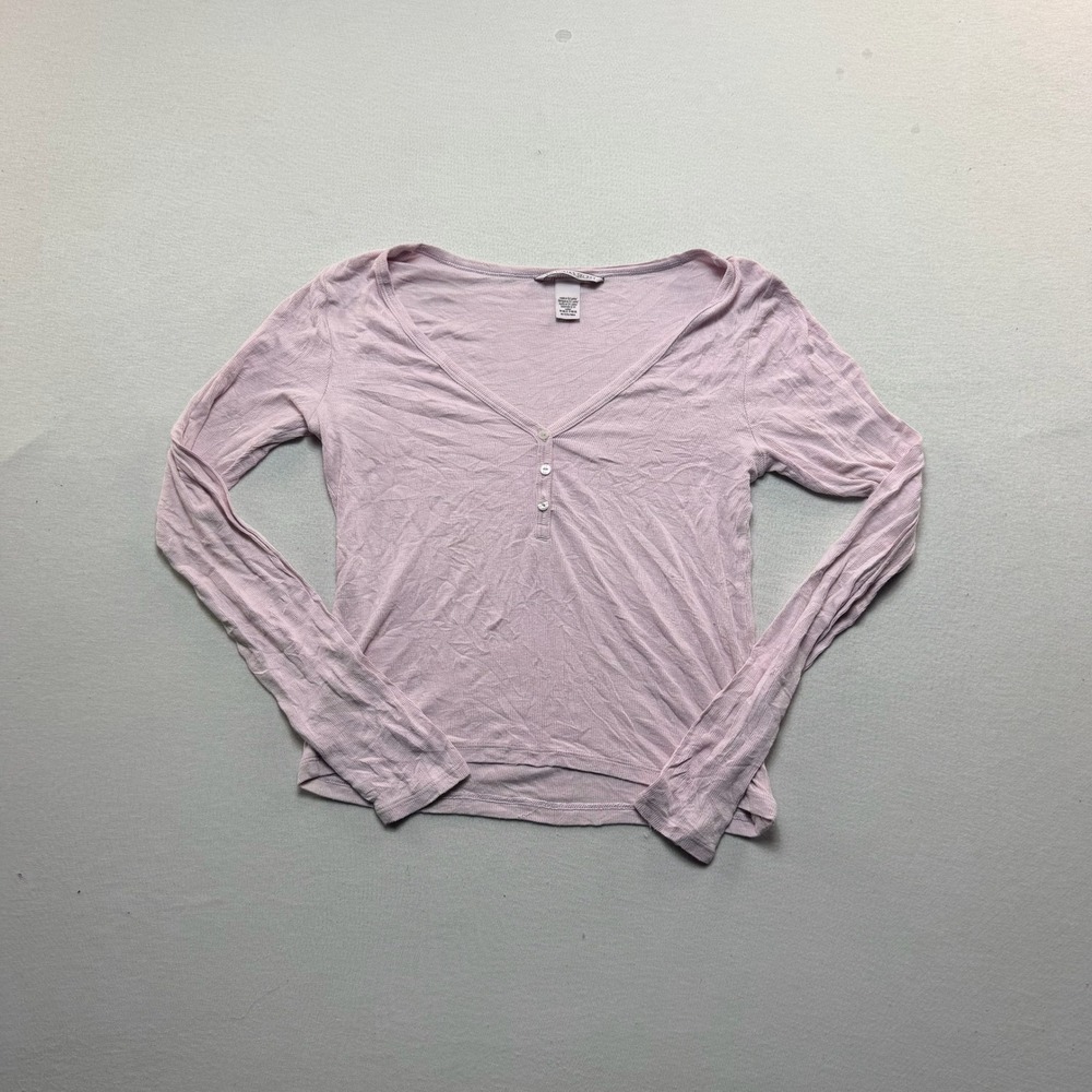 Victoria's Secret Henley Top Women Medium Pink Excellent Ribbed Long Sleeve